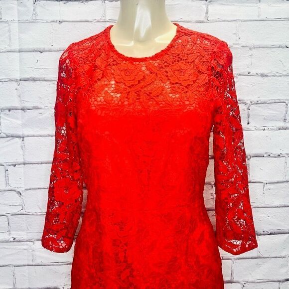 J. Crew Red/Orange 3/4 Sleeve Poppy Coral Floral Lace Sheath Dress Size 6 - Picture 2 of 11